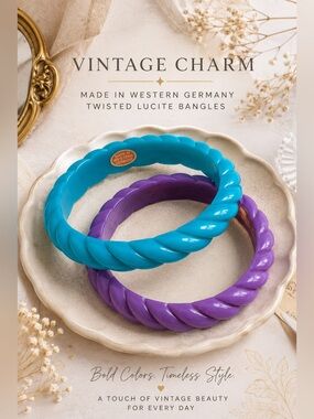 VTG West Germany Lucite Twisted Bangle Bracelet Set Purple & Turquoise Retro